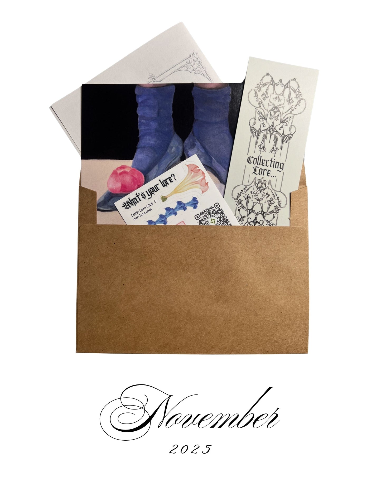 Kraft paper envelope with stationery items: a bookmark that doubles as a book log, sticker sheet with digital drawings of flowers, art print, on a white background. Labeled as November 2025 letter.