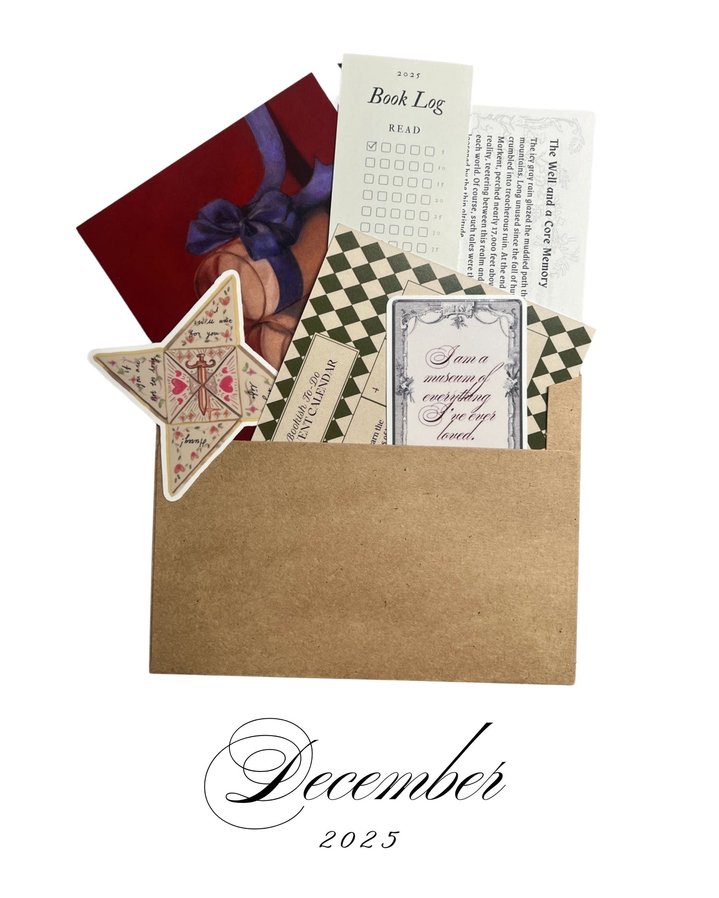 Kraft paper envelope with stationery items: a bookmark that doubles as a book log, a star-shaped victorian letter sticker, rectangular sticker, advent calendar card,  on a white background. Labeled as December 2025 letter.