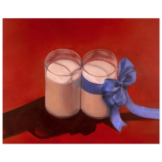 Jay Didyk's "Happy Holidays" painting of two glasses of milk against a vibrant red-orange background. The glass on the right has a large pastel blue bow tied around it. The shadows casted by the milk glasses appear as a handgun against the surface.