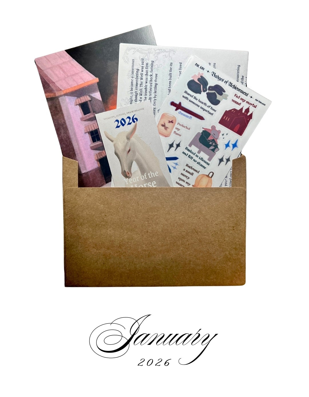 Collection of 2026 calendar pages with various designs in a brown envelope, labeled 'January'.
