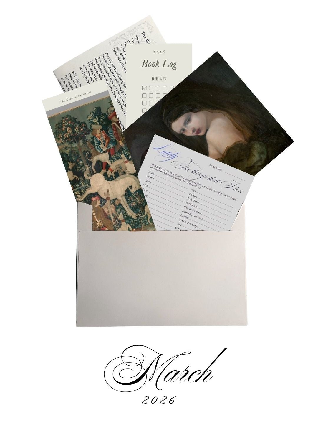 Envelope for March 2026 mail club which includes a unicorn tapestries bookmark that doubles as a book log, a postcard print of an original oil painting, a letter