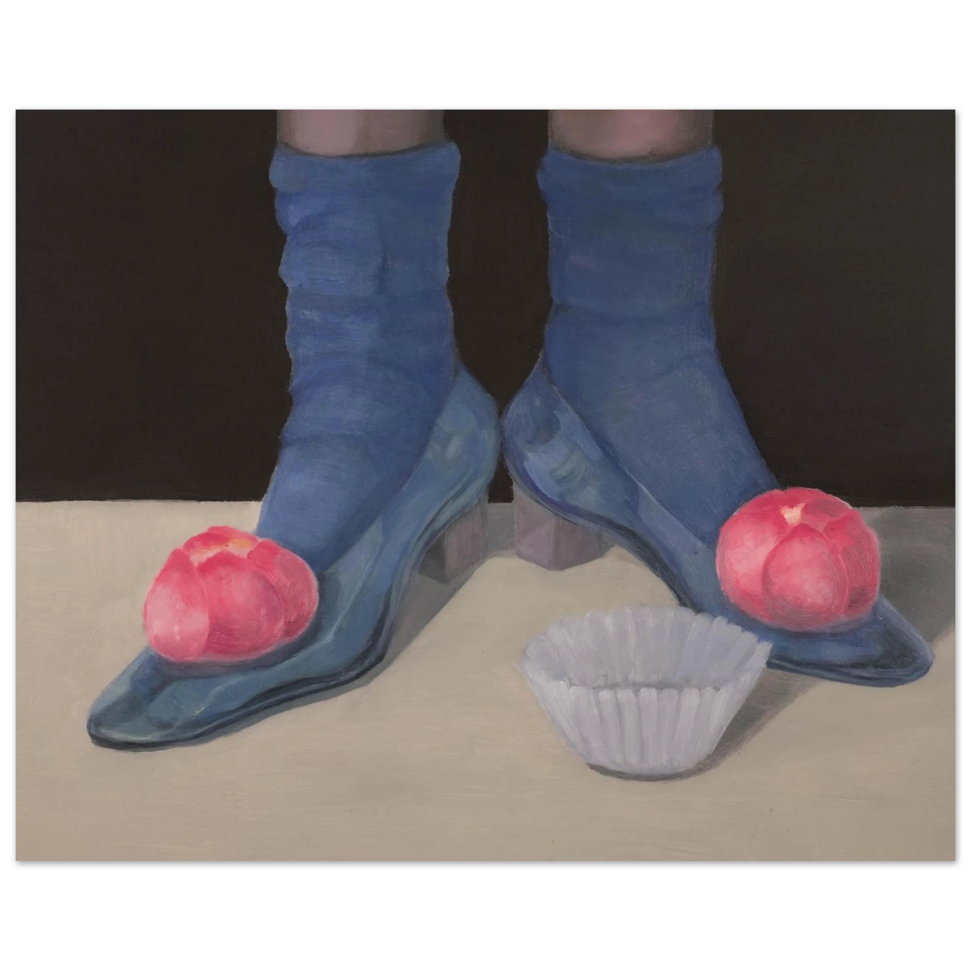 Surrealist blue high-heeled shoes with pink wagashi on a beige surface and black background. An empty paper cupcake container sits in the midground. An oil painting by Jay Didyk