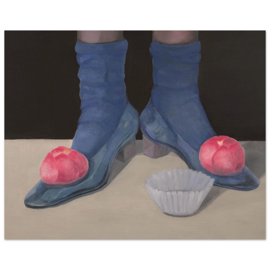 Surrealist blue high-heeled shoes with pink wagashi on a beige surface and black background. An empty paper cupcake container sits in the midground. An oil painting by Jay Didyk